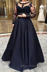 A-Line/Princess Full/Long Sleeve Bateau Long/Floor-Length Satin Semi Formal Prom Dresses With Appliqued